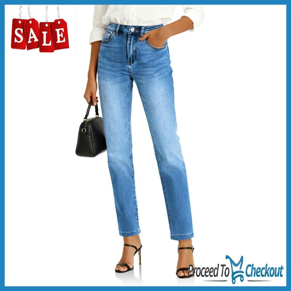 High Waisted Straight Leg Jeans Stretchy Denim Petite Tapered Fit